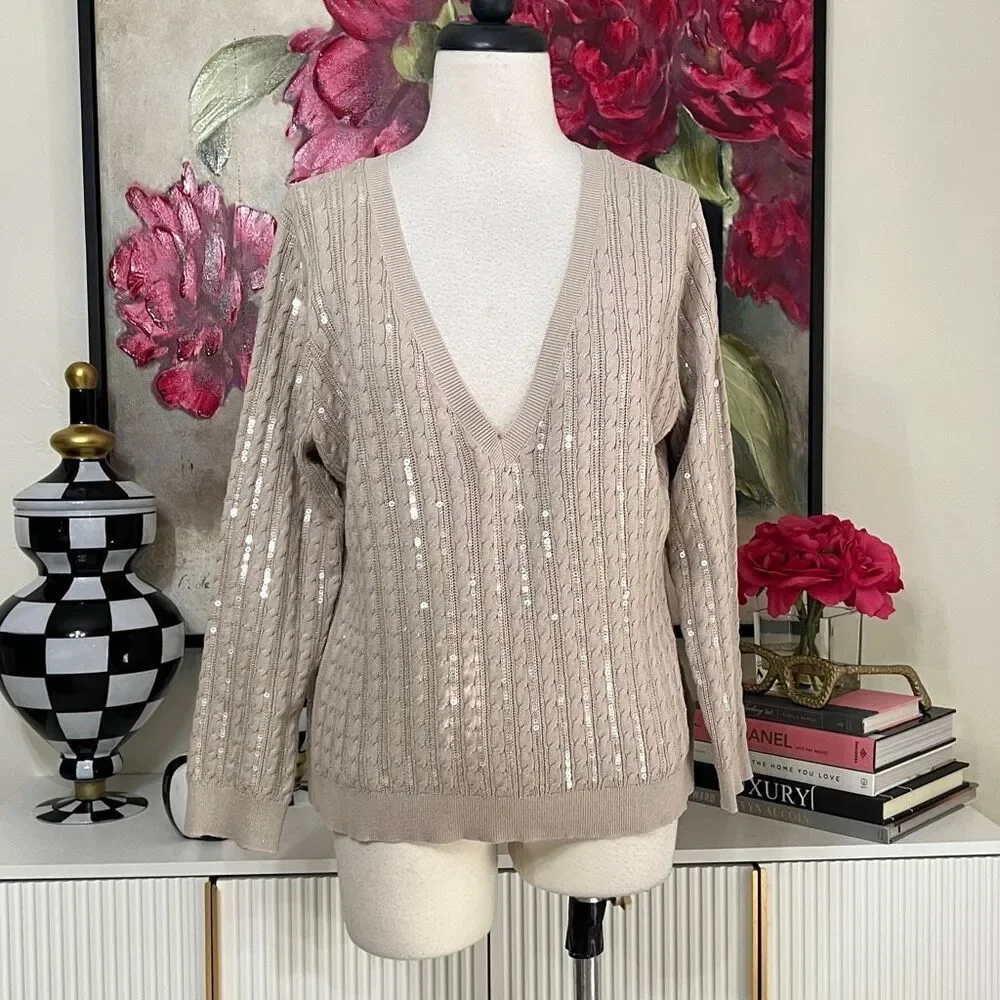 L'Agence Women's Cable Knit Sequin Long Sleeve Pullover Sweater Beige Size Large